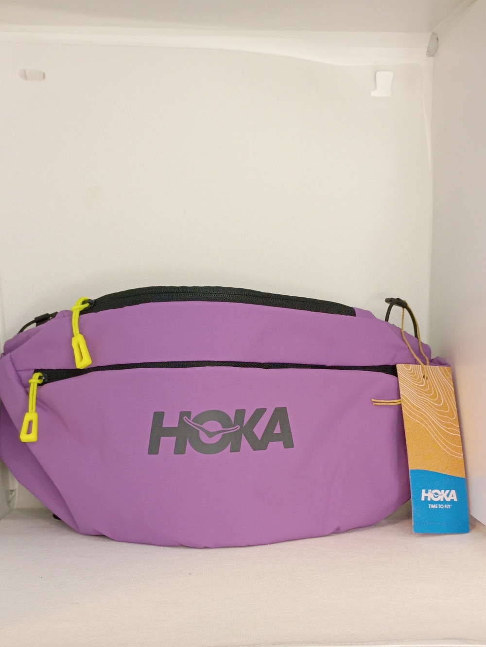 HOKA Violet Crossbody Waist Pack with Neon Yellow Zippers